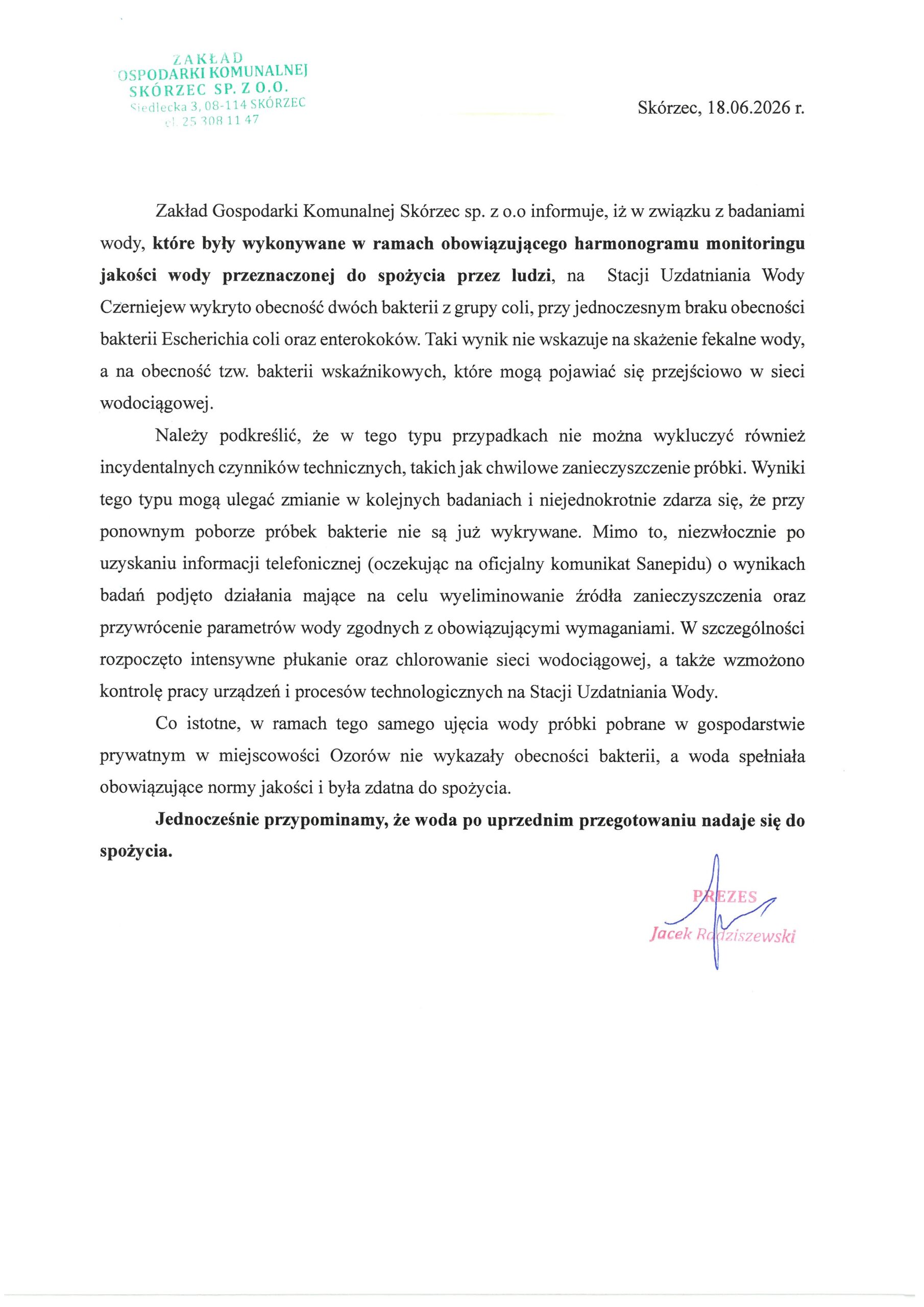 INFORMACJA Zakładu Gospodarki Komunalnej Skórzec sp. z o.o