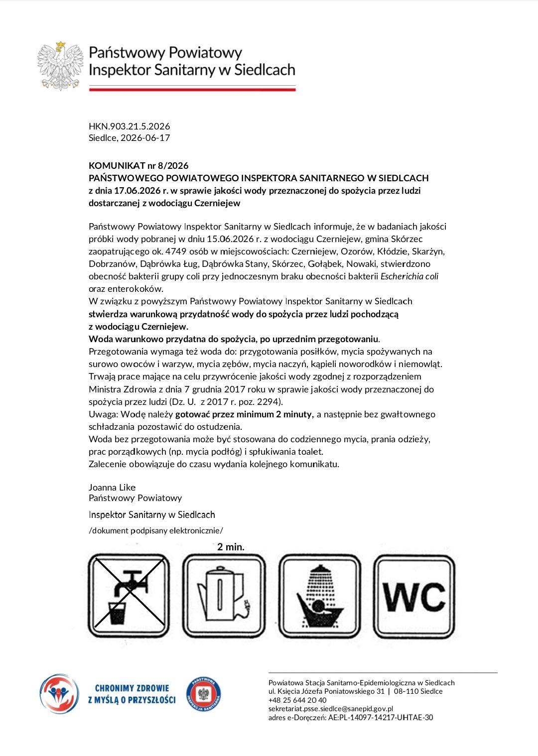 KOMUNIKAT PSSE DLA ODBIORCÓW WODY Z UJĘCIA W CZERNIEJEWIE